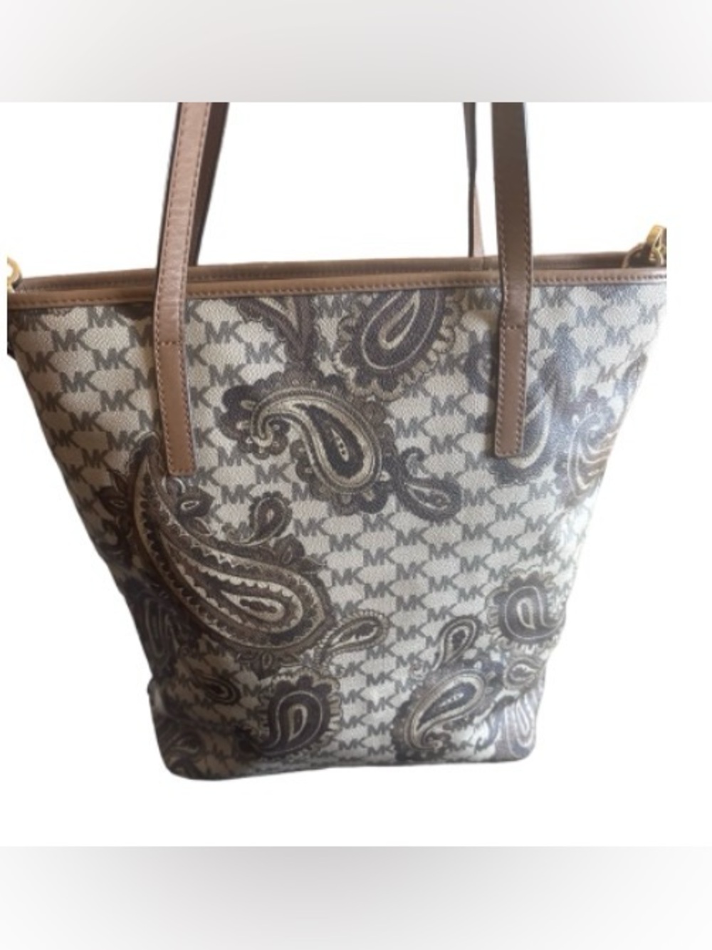 Michael Kors Paisley MK Signature Tote in Brown and Cream
